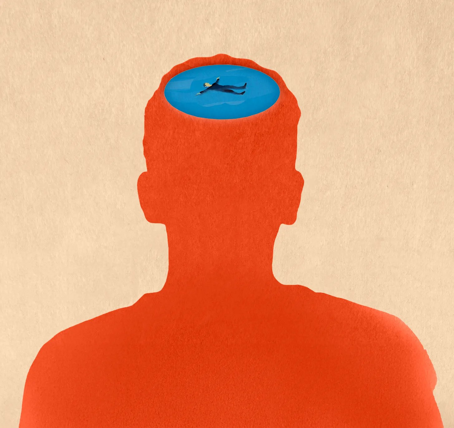 Illustration of a silhouetted figure whose head holds a blue pool with a person floating in it