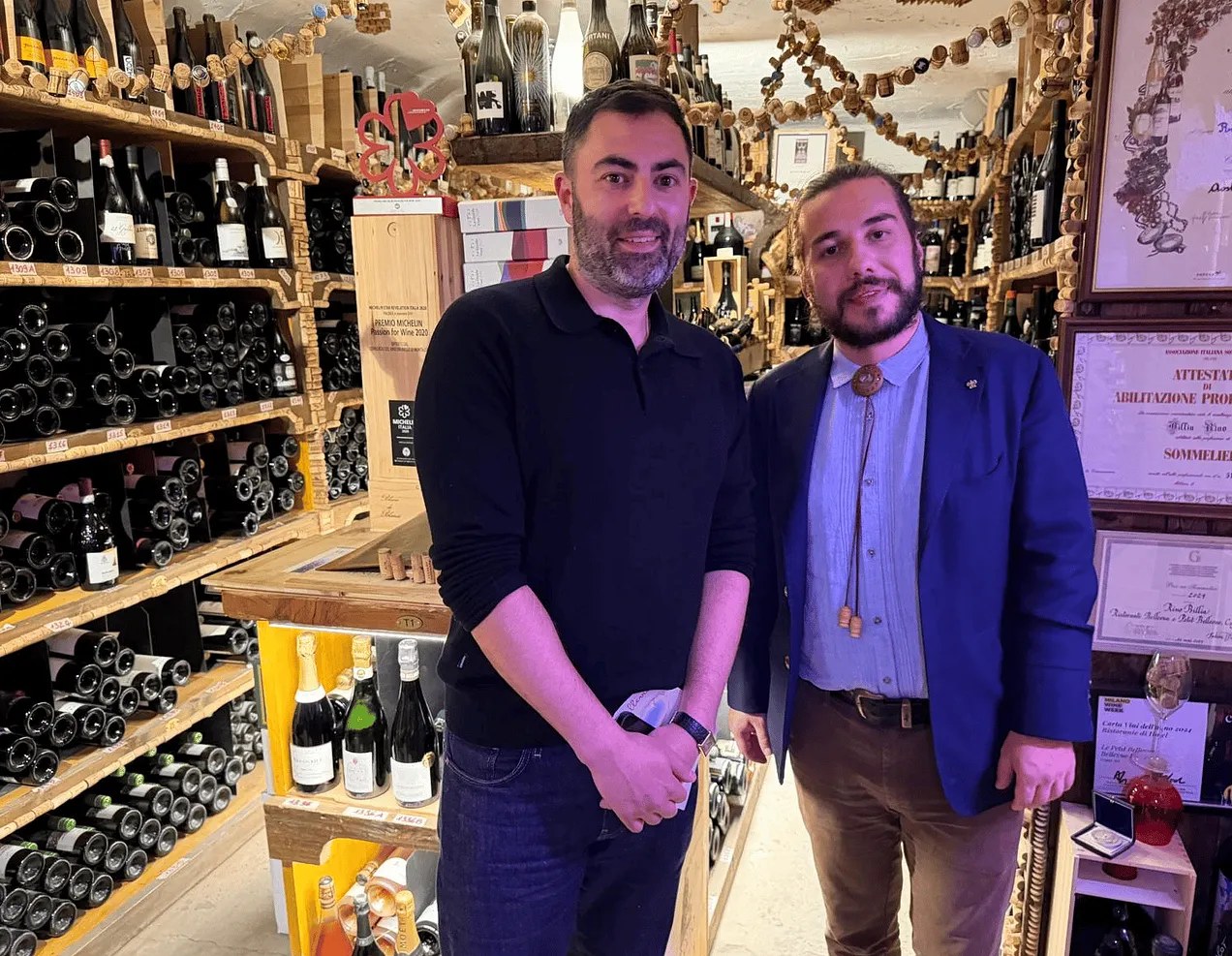 Eric Markowitz with Pietro Imbimbo Roullet in the hotel wine cellar